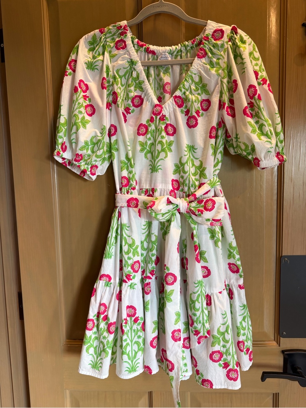 Mud Pie White Dress with Pink Floral & Green Leaves